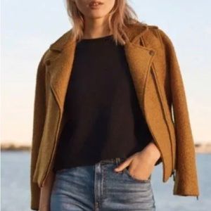 Tahari Wool Blend Boucle Asymmetrical Moto Zip Jacket in Mustard Yellow